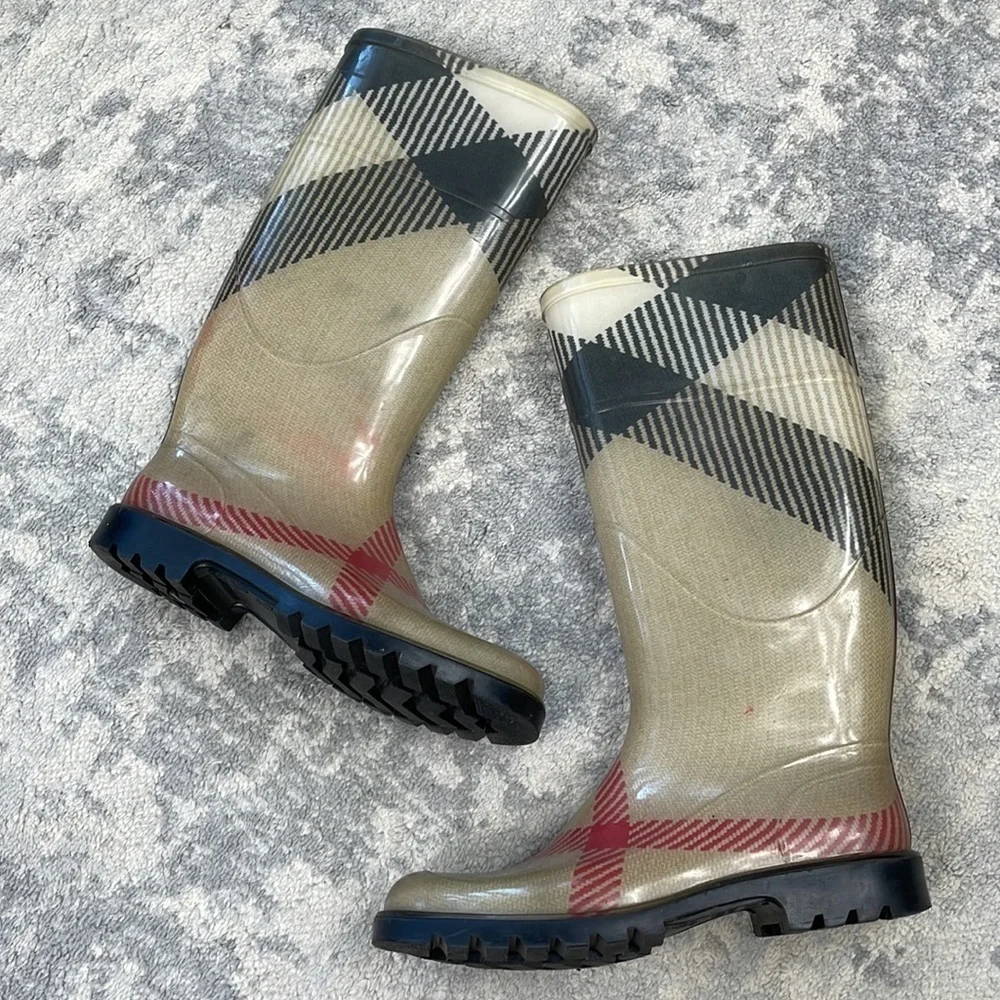 Burberry Nova Check Rubber Rain Boots Mid Calf Beige Plaid Wellies Sz 36